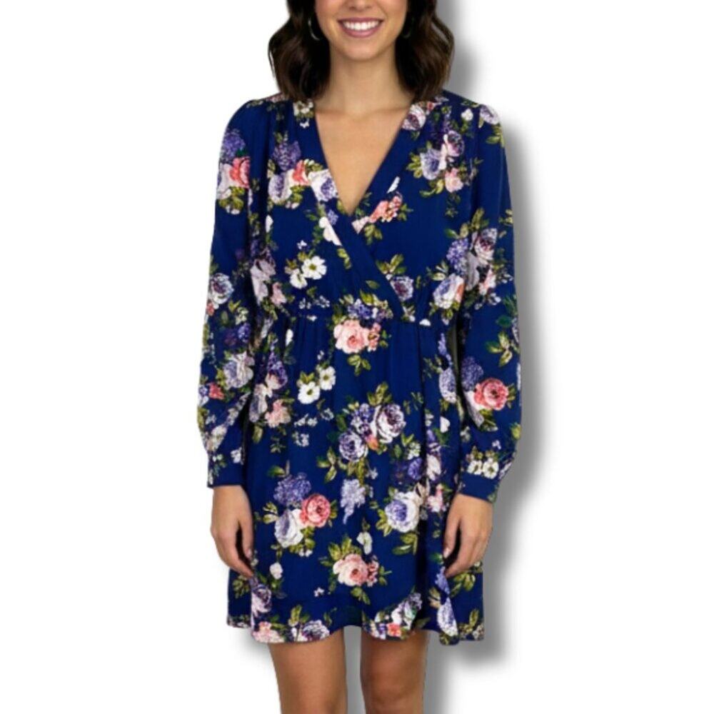 Lulus That's a Wrap Navy Blue Floral Tulip Mini Dress Honey Punch S Long Sleeve